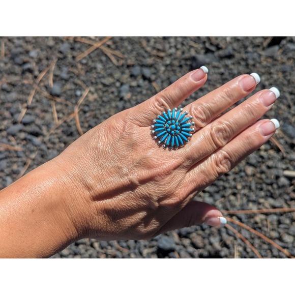 Zuni Ring Turquoise Cluster Genuine Native American Handmade Jewelry Adj 8-11 ** - Picture 6 of 10